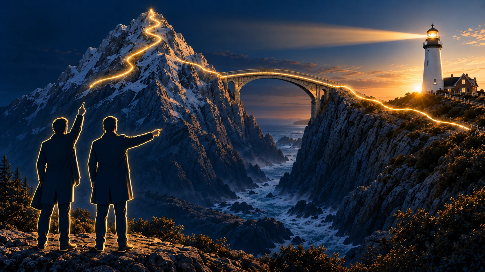 Two identical advisors on a mountain path, one pointing up toward the climb and one pointing toward the bridge and descent
