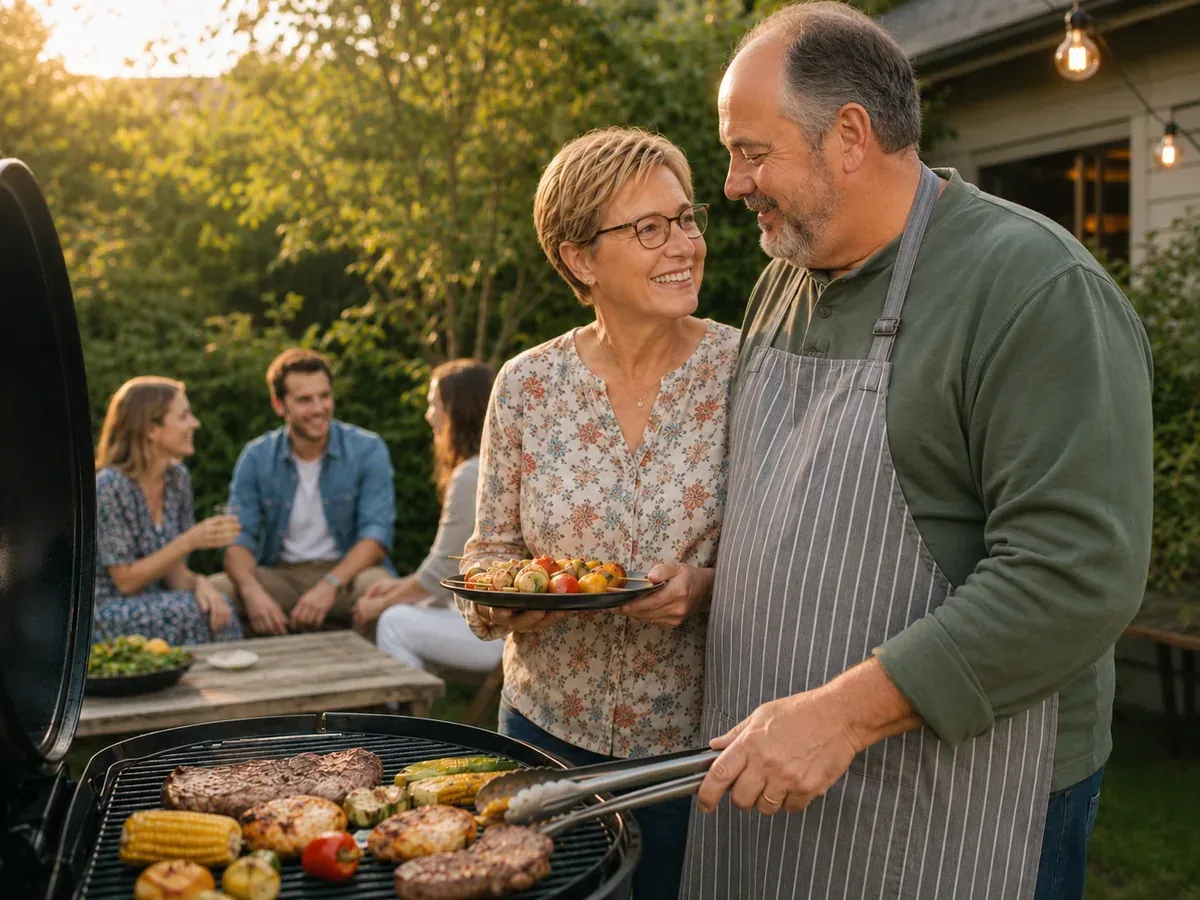 A couple enjoying time together outdoors at a backyard barbecue