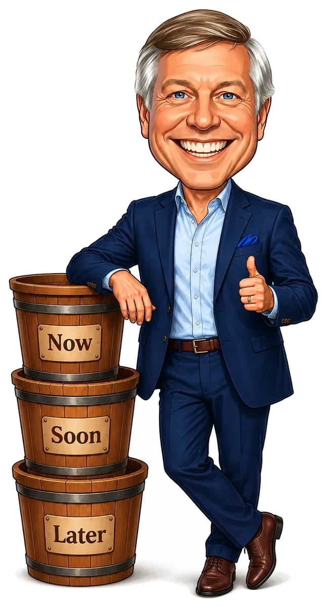 Mike Moss with three retirement-income buckets labeled Now, Soon, and Later