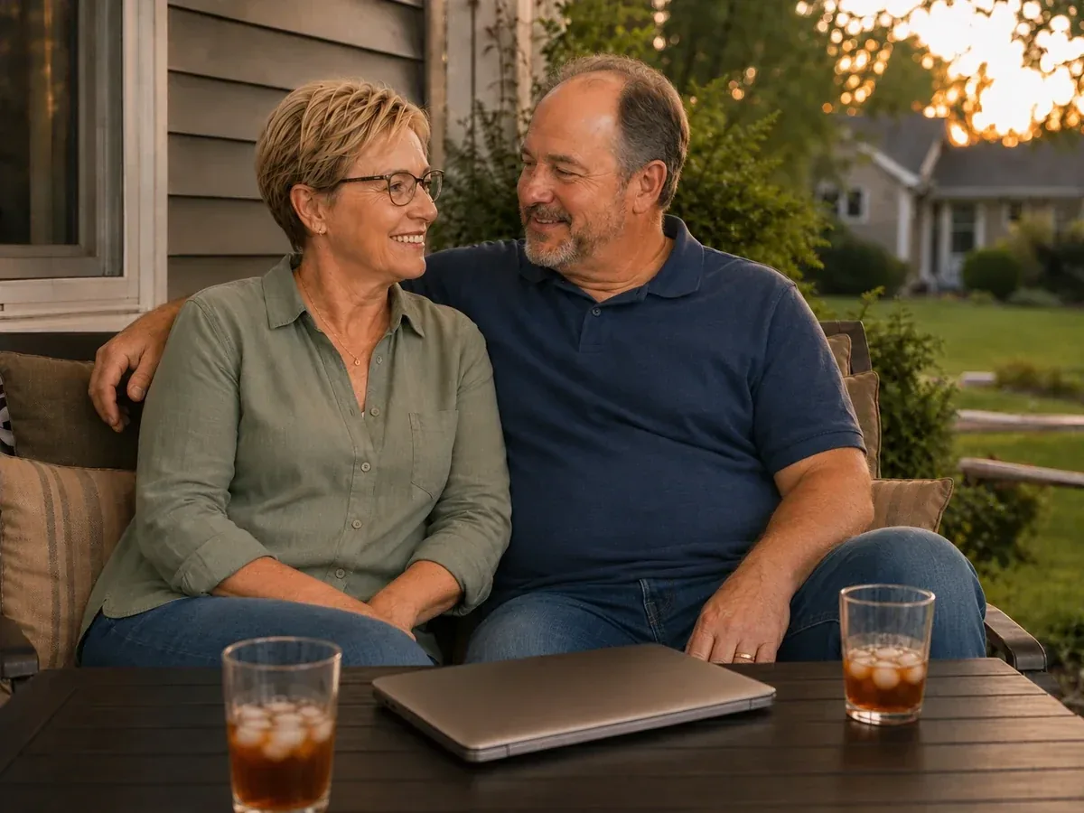 A couple relaxing together on their porch at sunset